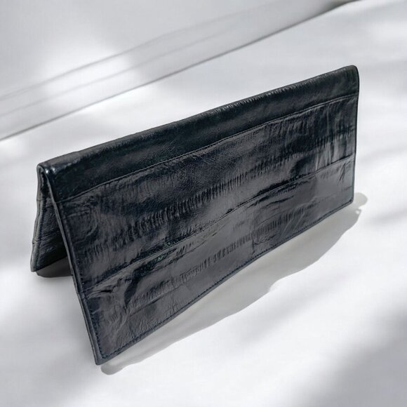 Vintage Eelskin Leather Checkbook Cover Black Slim Bifold Design - Picture 6 of 8